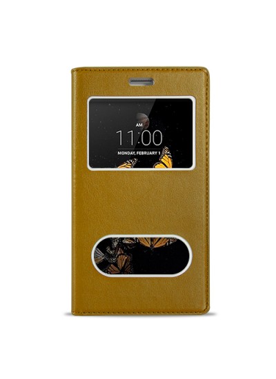 FitCase Dolce LG K8 K350 Gizli Mıknatıslı Pencereli Kılıf Gold
