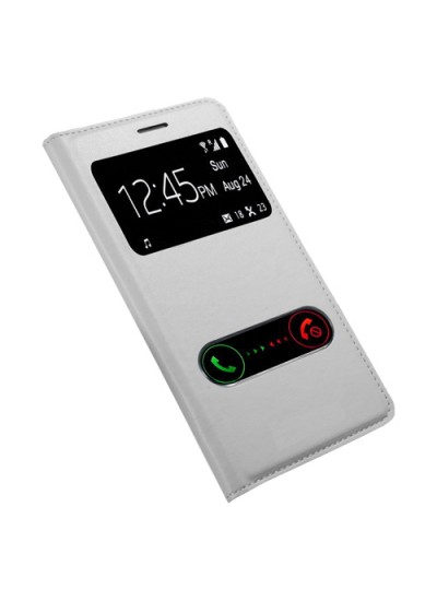 Huawei Ascend G700 S View Dikişli Deri Pencereli Kılıf Beyaz