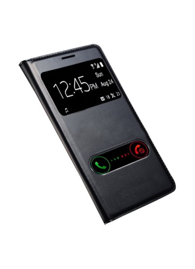Huawei Ascend G700 S View Dikişli Deri Pencereli Kılıf Siyah