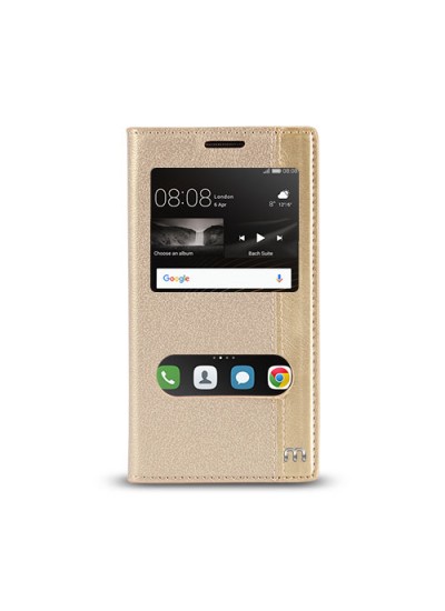 Huawei P9 Lite Gizli Mıknatıslı Pencereli Magnum Kılıf Gold