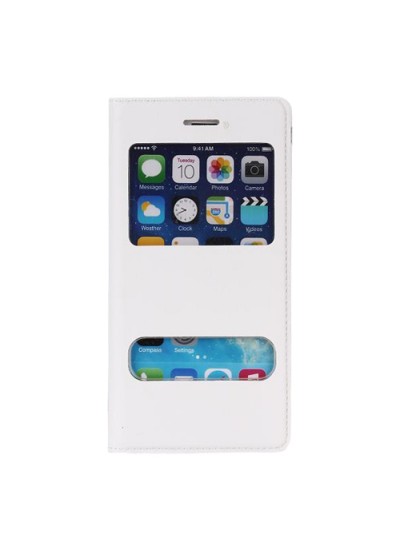 iPhone 6 / 6s S View Deri Dikişli Çift Pencereli Kılıf Beyaz