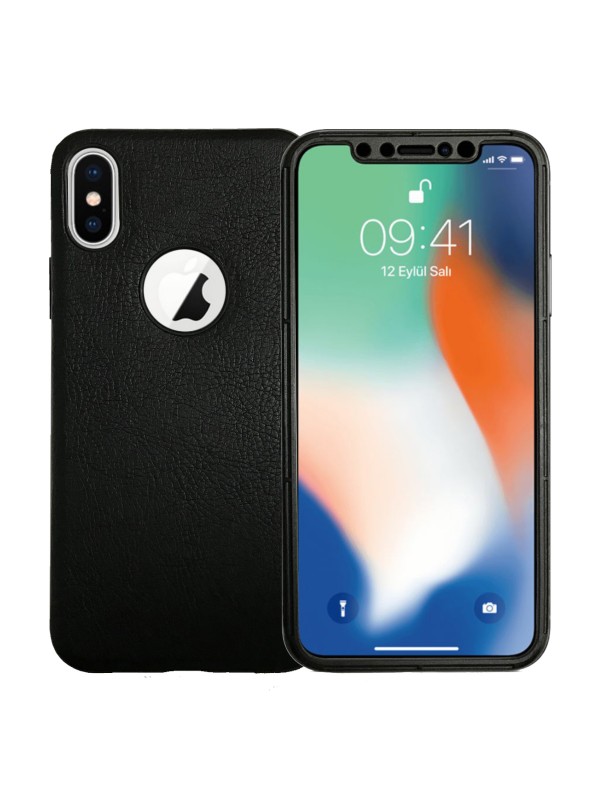 iPhone X / XS 360 Derece Slim Deri Görünümlü Silikon Kılıf Siyah…