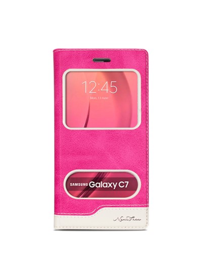 Samsung Galaxy C7 (C7000) Gizli Mıknatıslı Pencereli Magnum Kılıf Pembe