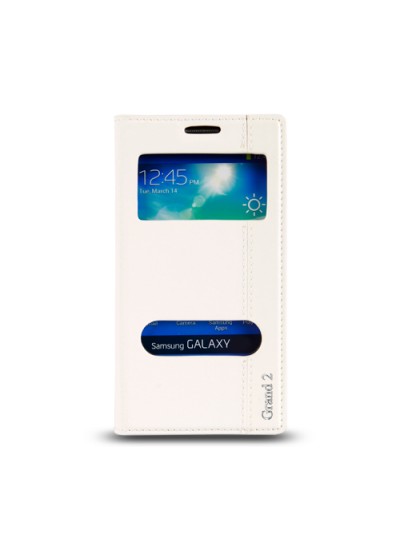 Samsung Galaxy Grand 2 (G7100) Gizli Mıknatıslı Pencereli Magnum Kılıf Beyaz