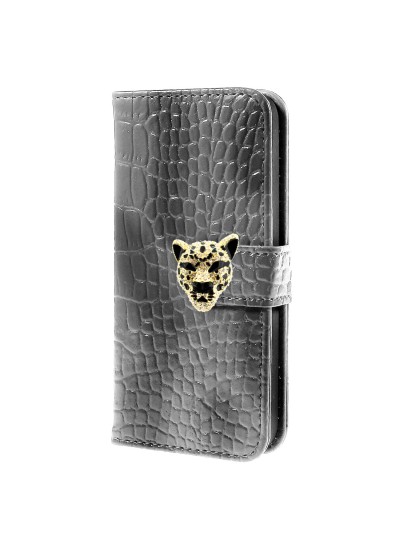 Samsung Galaxy S3 (I9300) Leopar Taşlı Cüzdanlı Kılıf Gri
