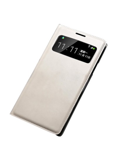 Samsung I9500 Galaxy S4 S View Dikişli Deri Pencereli Kılıf Beyaz