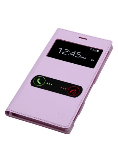 Sony Xperia M2 S View Dikişli Deri Çift Pencereli Kılıf Pembe