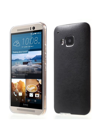 HTC One M9 Kılıf Deri Dokulu Arka Kapak Siyah