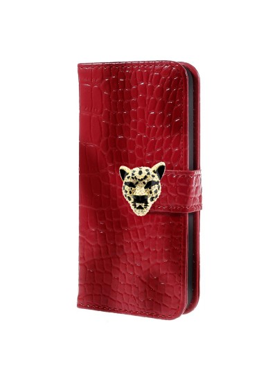 iPhone 4s Leopar Taşlı Cüzdanlı Kılıf Kırmızı