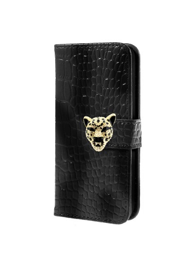 iPhone 4s Leopar Taşlı Cüzdanlı Kılıf Siyah