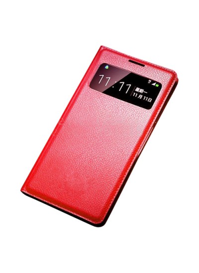Samsung I9500 Galaxy S4 S View Dikişli Deri Pencereli Kılıf Kırmızı